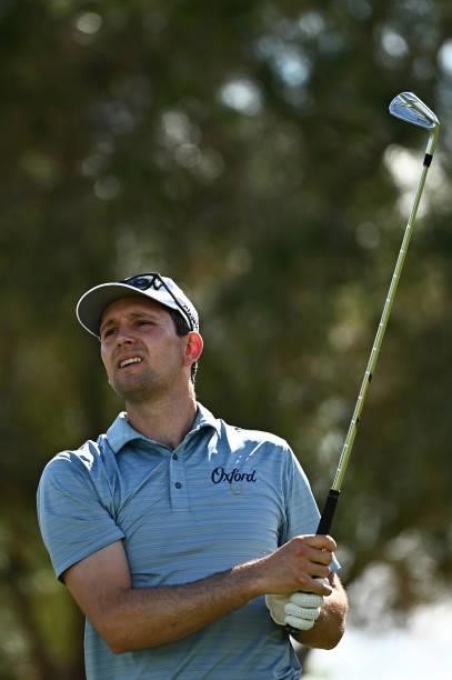 Martin Trainer hits his tee shot on the eighth hole during round two of the Shriners Children's Open at TPC Summerlin on October 08, 2021 in Las...