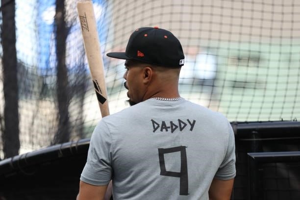 LaMonte Wade Jr. #31 of the San Francisco Giants wears a shirt referencing injured teammate Brandon Belt prior to Game 1 of the National League...