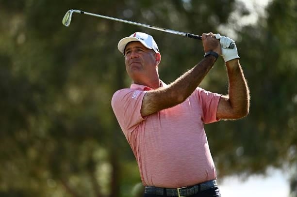 Stewart Cink hits his tee shot on the eighth hole during round two of the Shriners Children's Open at TPC Summerlin on October 08, 2021 in Las Vegas,...