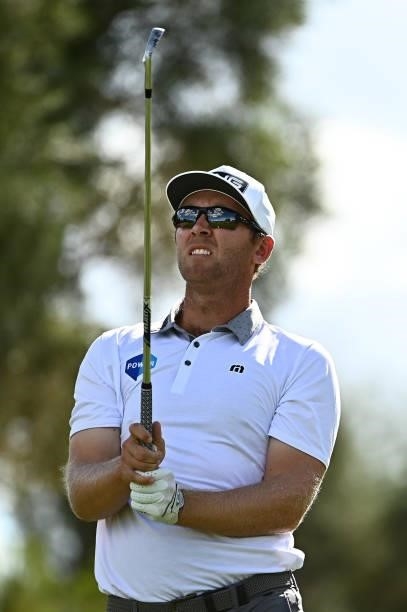 Seamus Power hits his tee shot on the eighth hole during round two of the Shriners Children's Open at TPC Summerlin on October 08, 2021 in Las Vegas,...