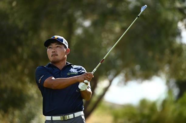 Sung Kang hits his tee shot on the eighth hole during round two of the Shriners Children's Open at TPC Summerlin on October 08, 2021 in Las Vegas,...