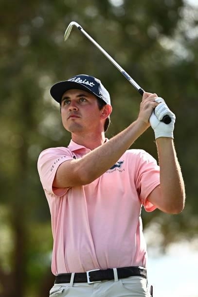 Poston hits his tee shot on the eighth hole during round two of the Shriners Children's Open at TPC Summerlin on October 08, 2021 in Las Vegas,...