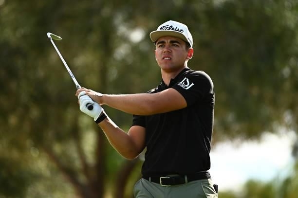 Garrick Higgo hits his tee shot on the eighth hole during round two of the Shriners Children's Open at TPC Summerlin on October 08, 2021 in Las...