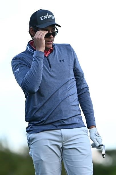 Adam Schenk reacts to a shot on the 18th hole during round two of the Shriners Children's Open at TPC Summerlin on October 08, 2021 in Las Vegas,...