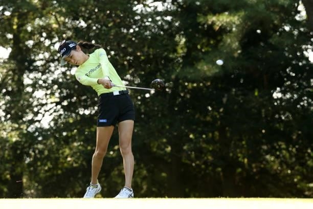 Yuka Yasuda of Japan hits her tee shot on the 11th hole during the second round of the Stanley Ladies at Tomei Country Club on October 9, 2021 in...
