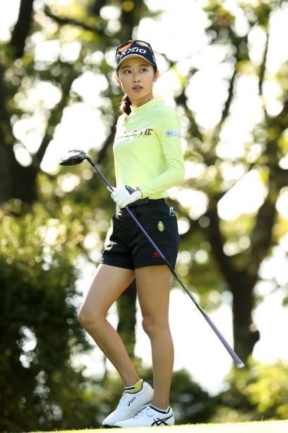 Yuka Yasuda of Japan reacts after her tee shot on the 11th hole during the second round of the Stanley Ladies at Tomei Country Club on October 9,...