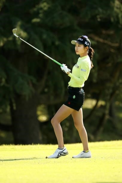 Yuka Yasuda of Japan hits her third shot on the 11th hole during the second round of the Stanley Ladies at Tomei Country Club on October 9, 2021 in...