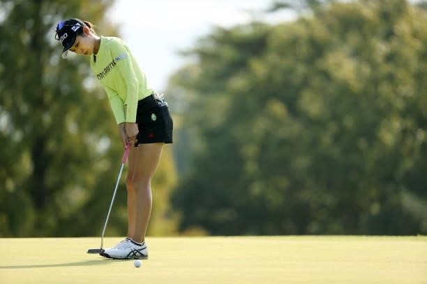 Yuka Yasuda of Japan attempts a putt on the 11th green during the second round of the Stanley Ladies at Tomei Country Club on October 9, 2021 in...