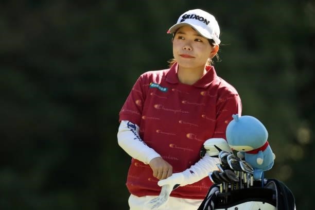 Minami Katsu of Japan is seen on the 3rd tee during the second round of the Stanley Ladies at Tomei Country Club on October 9, 2021 in Susono,...