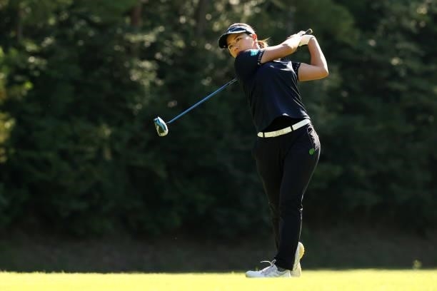 Eri Okayama of Japan hits her tee shot on the 3rd hole during the second round of the Stanley Ladies at Tomei Country Club on October 9, 2021 in...