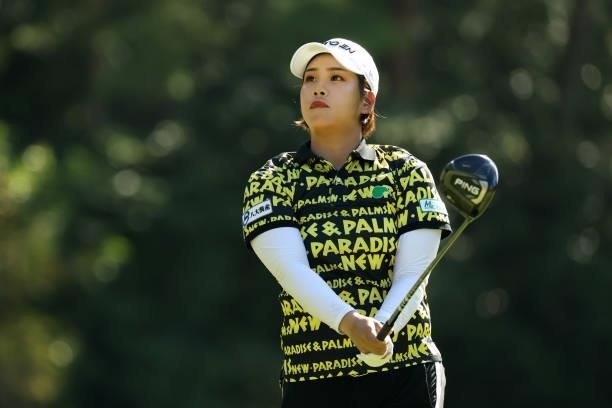 Mayu Hamada of Japan hits her tee shot on the 3rd hole during the second round of the Stanley Ladies at Tomei Country Club on October 9, 2021 in...