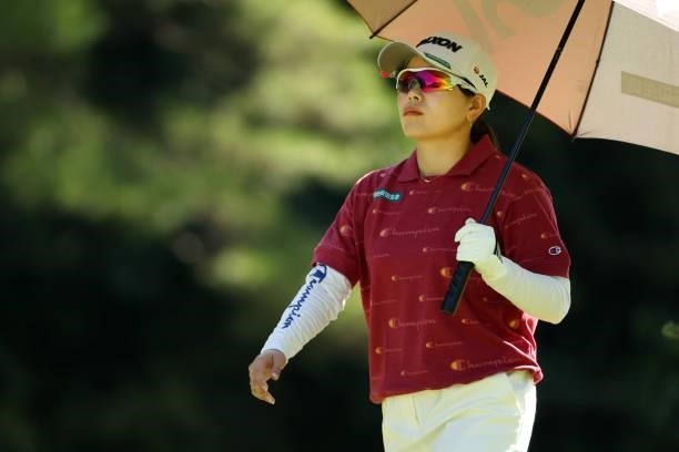 Minami Katsu of Japan is seen on the 3rd hole during the second round of the Stanley Ladies at Tomei Country Club on October 9, 2021 in Susono,...