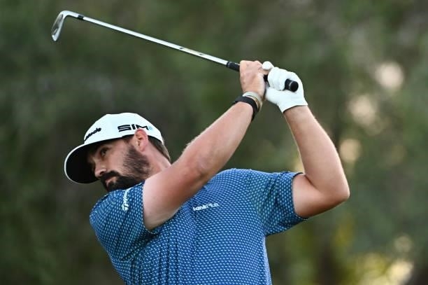Chad Ramey hits his tee shot on the eighth hole during round two of the Shriners Children's Open at TPC Summerlin on October 08, 2021 in Las Vegas,...