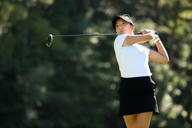 Hana Wakimoto of Japan hits her tee shot on the 3rd hole during the second round of the Stanley Ladies at Tomei Country Club on October 9, 2021 in...