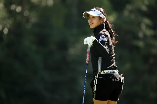 Kokone Yoshimoto of Japan reacts after her tee shot on the 3rd hole during the second round of the Stanley Ladies at Tomei Country Club on October 9,...