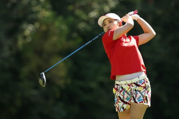 Ayaka Furue of Japan hits her tee shot on the 3rd hole during the second round of the Stanley Ladies at Tomei Country Club on October 9, 2021 in...