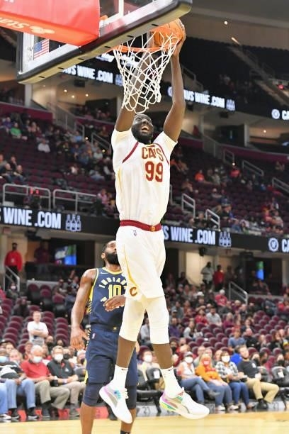 Tacko Fall of the Cleveland Cavaliers dunks during the second quarter against the Indiana Pacers at Rocket Mortgage Fieldhouse on October 08, 2021 in...