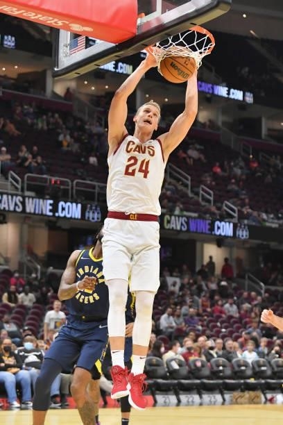 Lauri Markkanen of the Cleveland Cavaliers dunks during the second quarter against the Indiana Pacers at Rocket Mortgage Fieldhouse on October 08,...