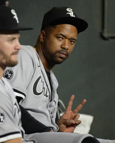 Eloy Jimenez of the Chicago White Sox looks on prior to Game Two of the American League Division Series against the Houston Astros on October 8, 2021...