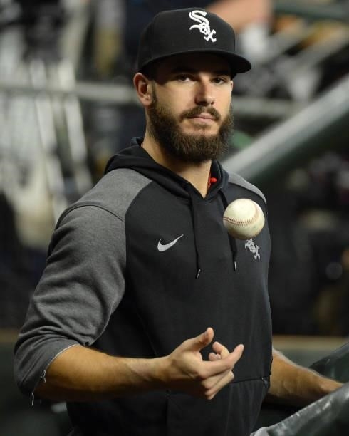 Dylan Cease of the Chicago White Sox looks on prior to Game Two of the American League Division Series against the Houston Astros on October 8, 2021...