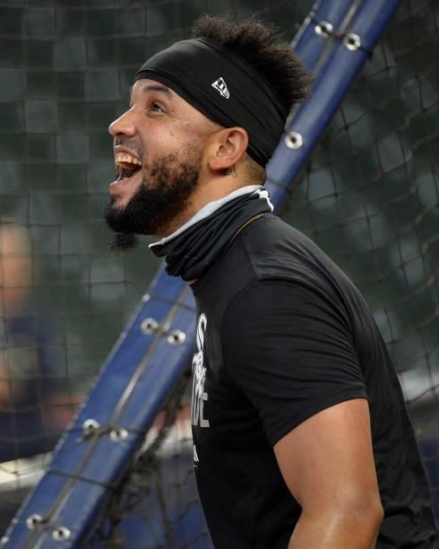 Jose Abreu of the Chicago White Sox looks on prior to Game Two of the American League Division Series against the Houston Astros on October 8, 2021...
