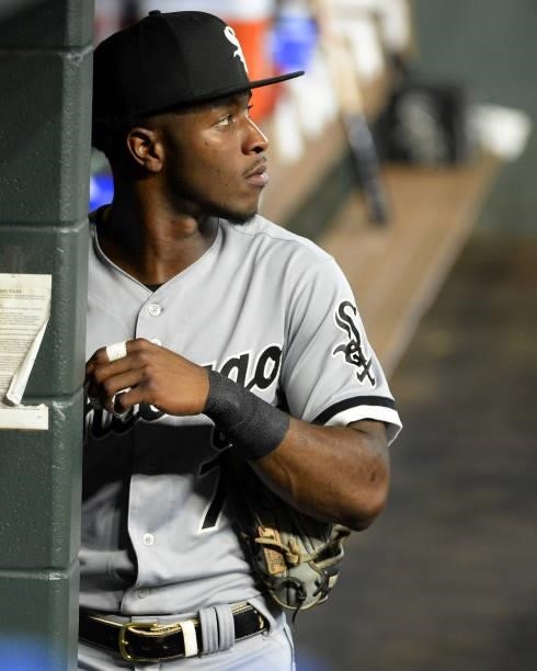 Tim Anderson of the Chicago White Sox looks on prior to Game Two of the American League Division Series against the Houston Astros on October 8, 2021...