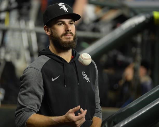 Dylan Cease of the Chicago White Sox looks on prior to Game Two of the American League Division Series against the Houston Astros on October 8, 2021...