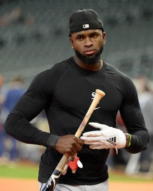 Luis Robert of the Chicago White Sox looks on prior to Game Two of the American League Division Series against the Houston Astros on October 8, 2021...