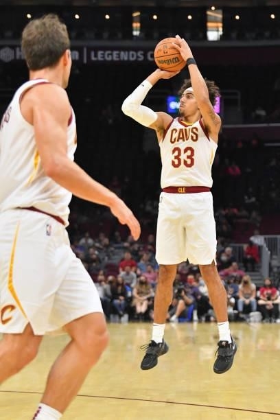 Brodric Thomas of the Cleveland Cavaliers shoots during the fourth quarter against the Indiana Pacers at Rocket Mortgage Fieldhouse on October 08,...