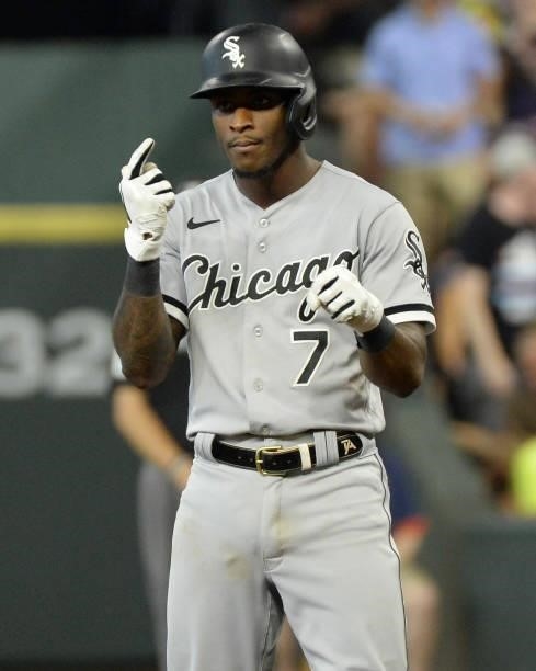 Tim Anderson of the Chicago White Sox reacts after hitting a single in the fifth inning against the Houston Astros during Game Two of the American...