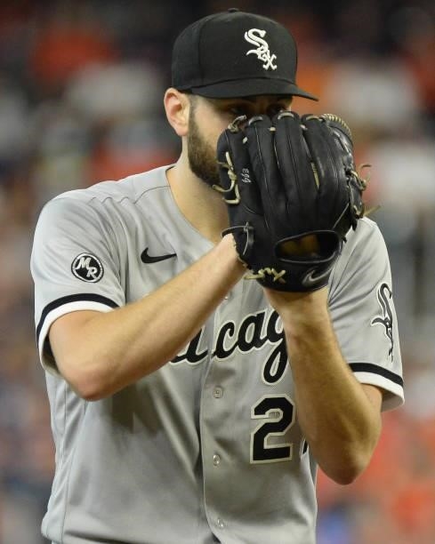 Lucas Giolito of the Chicago White Sox pitches against the Houston Astros during Game Two of the American League Division Series on October 8, 2021...