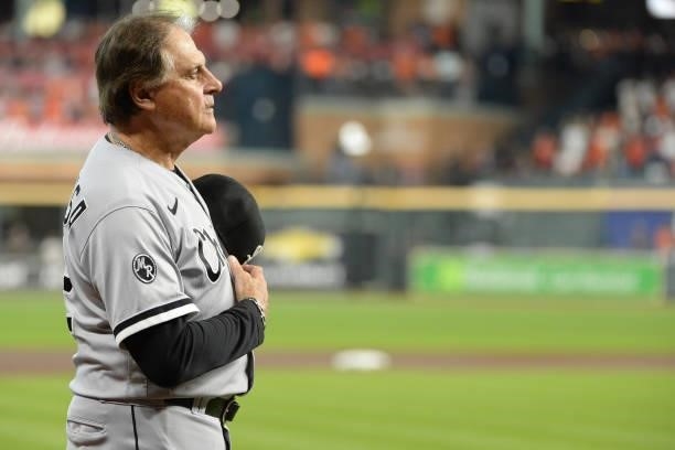Manager Tony La Russa of the Chicago White Sox looks on during the National Anthem prior to Game Two of the American League Division Series against...