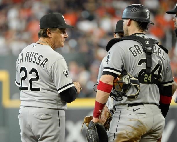 Manager Tony La Russa of the Chicago White Sox makes a pitching change against the Houston Astros during Game Two of the American League Division...