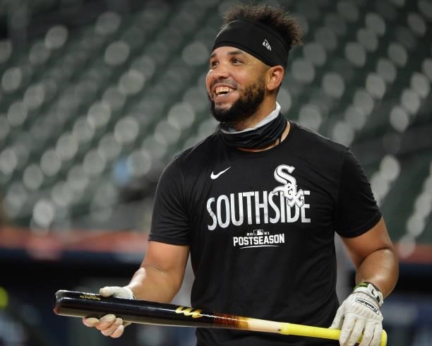 Jose Abreu of the Chicago White Sox looks on prior to Game Two of the American League Division Series against the Houston Astros on October 8, 2021...