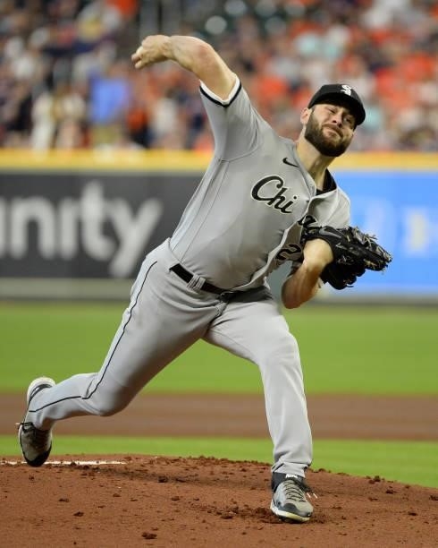 Lucas Giolito of the Chicago White Sox pitches against the Houston Astros during Game Two of the American League Division Series on October 8, 2021...