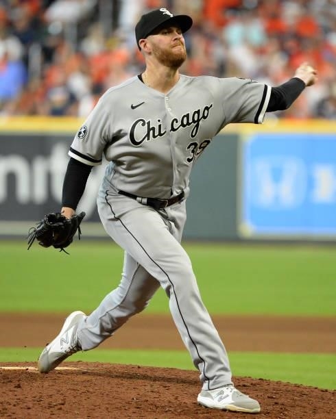 Aaron Bummer of the Chicago White Sox pitches against the Houston Astros during Game Two of the American League Division Series on October 8, 2021 at...