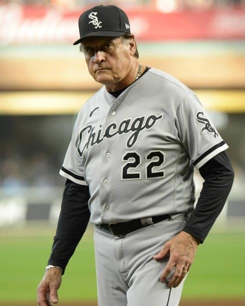 Manager Tony La Russa of the Chicago White Sox makes a pitching change against the Houston Astros during Game Two of the American League Division...