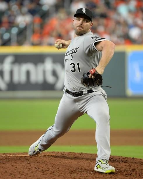 Liam Hendriks of the Chicago White Sox pitches against the Houston Astros during Game Two of the American League Division Series on October 8, 2021...