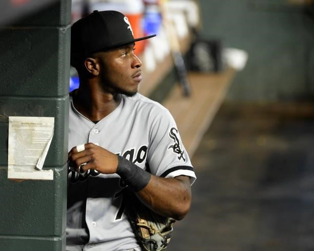 Tim Anderson of the Chicago White Sox looks on prior to Game Two of the American League Division Series against the Houston Astros on October 8, 2021...