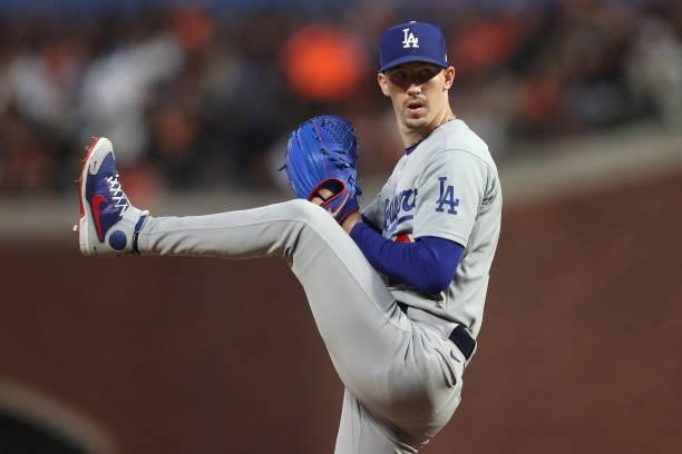 Walker Buehler of the Los Angeles Dodgers delivers a pitch against the San Francisco Giants during the first inning of Game 1 of the National League...