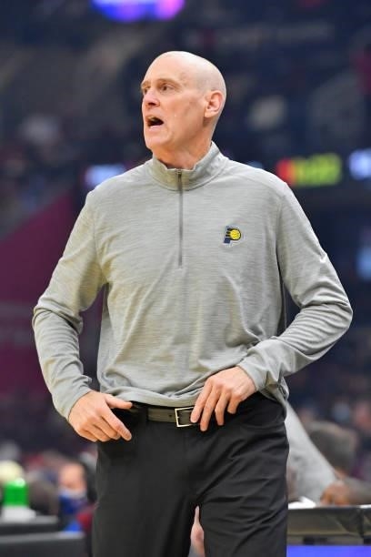 Head coach Rick Carlisle of the Indiana Pacers reacts during the first quarter against the Cleveland Cavaliers at Rocket Mortgage Fieldhouse on...