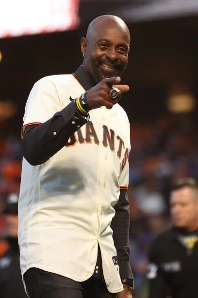 Hall of Fame receiver Jerry Rice reacts to the crowd prior to Game 1 of the National League Division Series between the San Francisco Giants and the...