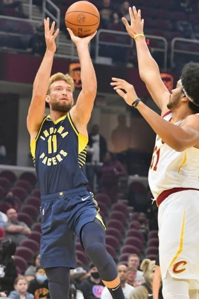 Domantas Sabonis of the Indiana Pacers shoots over Jarrett Allen of the Cleveland Cavaliers during the first quarter at Rocket Mortgage Fieldhouse on...