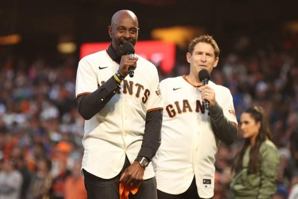 Hall of Fame receiver Jerry Rice reacts to the crowd prior to Game 1 of the National League Division Series between the San Francisco Giants and the...