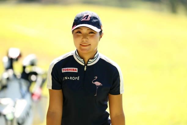 Sayaka Takahashi of Japan smiles on the 2nd green during the second round of the Stanley Ladies at Tomei Country Club on October 9, 2021 in Susono,...