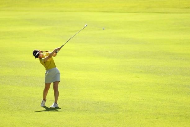 Yuna Nishimura of Japan hits her second shot on the 2nd hole during the second round of the Stanley Ladies at Tomei Country Club on October 9, 2021...
