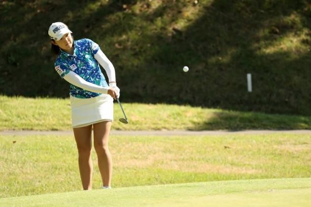 Rie Tsuji of Japan chips onto the 2nd green during the second round of the Stanley Ladies at Tomei Country Club on October 9, 2021 in Susono,...