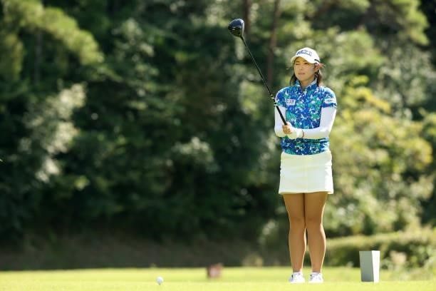 Rie Tsuji of Japan is seen before her tee shot on the 3rd hole during the second round of the Stanley Ladies at Tomei Country Club on October 9, 2021...