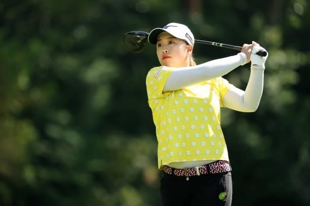 Mao Saigo of Japan hits her tee shot on the 3rd hole during the second round of the Stanley Ladies at Tomei Country Club on October 9, 2021 in...