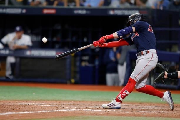 Enrique Hernandez of the Boston Red Sox hits a double in the eighth inning against the Tampa Bay Rays during Game 2 of the American League Division...